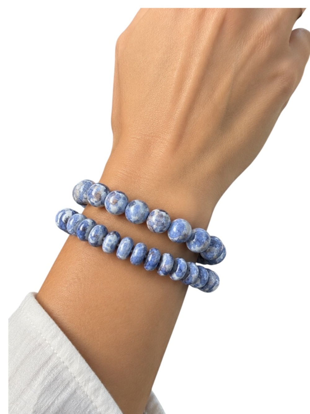Blue‑Dotted White Agate Style Bracelet Set – Handmade Elastic Fit (2pcs)